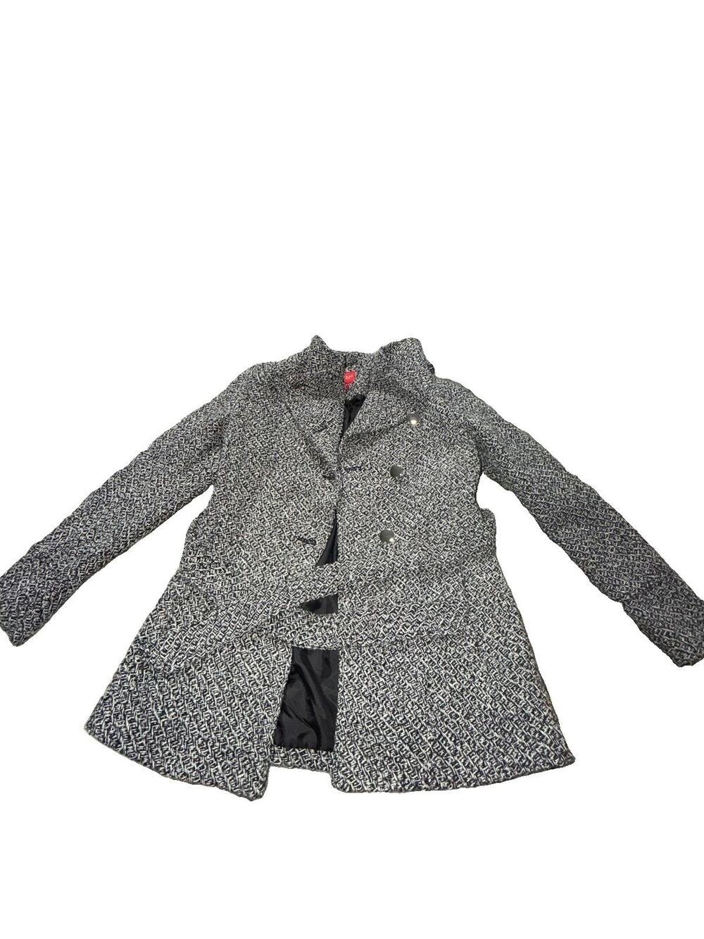 Guess Women's Double Breasted Peacoat XS Black White Tweed Belt Preppy NWOT